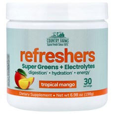 컨트리 팜스 Refreshers 슈퍼 그린 및 전해질 트로피칼 망고 198g(6.98oz) CFM-14026, Country Farms, Refreshers, 슈퍼, 1개, 198g
