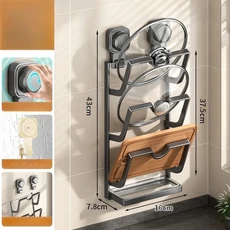 흡착식 뚜껑 거치대 무타공 벽걸이 주방 선반 다기능 도마 걸이 강력한, 03 Gun ash three layers