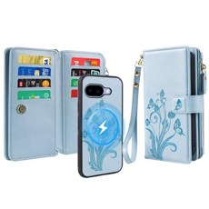 구글 픽셀 9 프로/10 프로 케이스 지갑 MagSafe 2 in 1 마그네틱 탈착식 PU 가죽 RFID 차단 지갑 커버 카드 홀더 지퍼 손목 스트랩 랜야드 플로럴 스카이