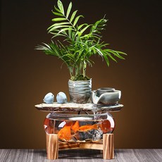 新中式小型魚缸自動流水轉運桌面噴泉創意擺件開業賀禮, 石墨流水(鳥語花香)綠植
