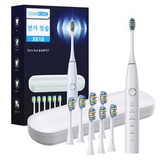 음파전동칫솔 초음파 전동칫솔 스마트 음파 전동칫솔 본체 전동칫솔 파워화이트닝 전동칫솔 전동칫솔 리필브러쉬 6개 여행가방, White, 1세트, X610