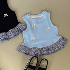 DFMEI 兒童背心上衣夏季新款女童洋氣甜美拼接藍格子花邊無袖T恤潮