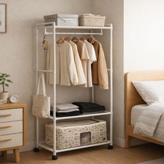 TOROHA 3단 선반 이동식 스탠드 옷걸이 행거, 화이트