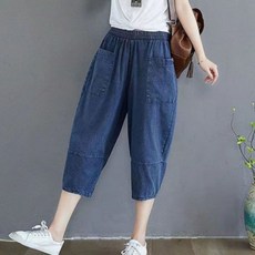 여성 여름 데님 배기팬츠 편안한 밴딩 7부 통바지 캐주얼 바지