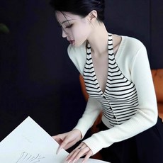 페이준 여성 봄가을 브이넥 유니크 디자인 예쁜 레이어드룩 긴팔 스트라이프 니트 YJ432