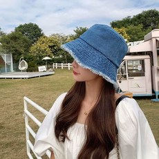 투니스 여성 워싱 트리밍 데님 버킷햇, 딥 블루