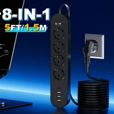 고급형 8-in-1 멀티탭(과부하 보호 기능 포함) 마스터 스위치 1개 AC 콘센트 4개 USB-A 포트 3개 USB-C, 01 Eu 플러그, [06] Black-5Ft