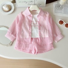 Arbea 女童條紋防曬長袖襯衫背心短褲套裝