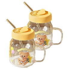 엠디지에프스위트홈 버터베어 빨대 유리컵 780ml, 2개, 옐로스타