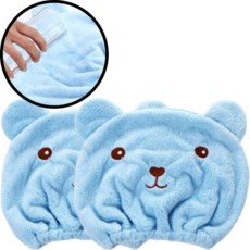 건코몰 프리미엄 극세사 곰돌이 드라이 타올 헤어 캡 머리 수건, 블루, 2개