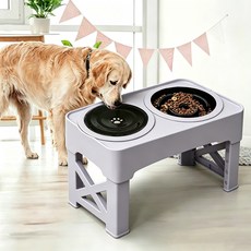 강아지 밥그릇 높이조절 애견 플로팅 부력 물그릇 고양이 슬로우 식기 대형견 그릇 받침대 접이식 높은거 식탁 2구, 1개, 회색-검은색 그릇