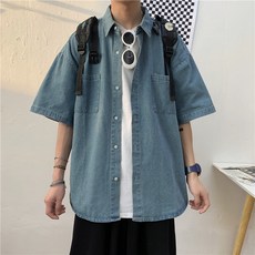 SorJar 데님셔츠 여름 남성 캐주얼남성 반팔티 루즈핏 빅사이즈 데님 코트 남자반팔티