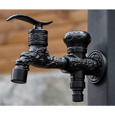 古銅一分二雕刻立體浮雕龍水龍頭 黑色銅色雙開關 陽台餐廳飯店復古藝術風水旺財奢華, 1個, 黑