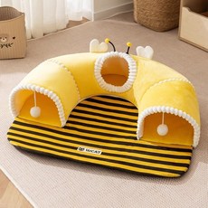 AROEREV 고양이 터널 숨숨집 분리 가능 놀이 수면 2in1, 노란색, 1개