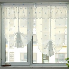 氣球簾 繡花免打孔魔術貼羅馬簾 裝飾飄窗陽臺升降提拉簾頭一體, 藍色小菊（單片穿杆 不含杆）,平鋪 寬度63cm*高度115cm