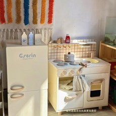 兒童過家家木質廚房仿真廚具男女孩做飯煮飯木製幼兒園遊樂場玩具, 1個, 廚房+冰箱:如圖所示