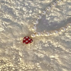 데뎅 반려동물 고급진 수제 체크 하트 진주 목걸이, 레드, 1개