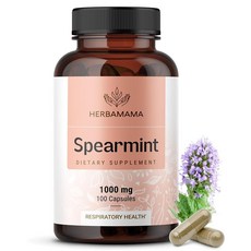 HERBAMAMA 스피아민트 캡슐 - 소화 지원을 위한 1000mg 스피어민트 잎 캡슐 - 비건 GMO 프리 소화 및 피부 보충제 - 50일 분량, 1개, 100