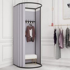 탈의실 피팅룸 의류매장 스튜디오 간이 쇼핑몰 부스 매장 옷가게 스탠드형 커튼, 검은 선반  밝은 회색 린넨 플란넬 천  흰색 선반이