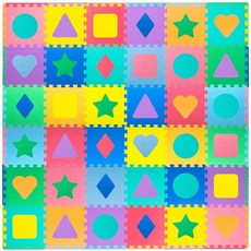ProSource 아동용 폼 퍼즐 바닥 놀이 매트 모양과 색상 36 타일 30.5 x 30.5cm(12 x 12인치)와 보더 24개, 모양 및 색상, 단일사이즈, 1개
