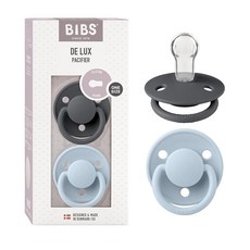 BIBS 젖꼭지 - De Lux 컬렉션 | BPA 프리 원형 젖꼭지 | 실리콘 | 덴마크산 | 클라우드/블랙 컬러 프리미엄 수더 2개 세트 | 사이즈 원 사이즈, One Size | 0-36 Month, Iron/Baby Blue