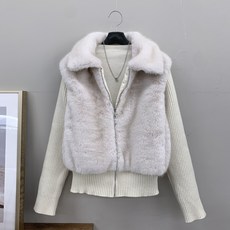 [행복여] 레빈 밍크 퍼 배색 니트 집업 자켓