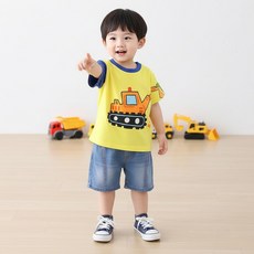 몽실이 컬러포크레인 반팔상하복 아동 반팔 상하세트 유아 여름 코디 키즈 캐릭터 상하복 여름 상하복 데님 반바지 세트 어린이 데일리룩 등원룩