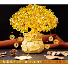 招財樹擺飾 附6個古錢幣, 黄色水晶發財樹