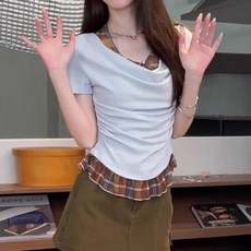 Yellwel 여름용 여성용 짧은소매 티셔츠 불규칙한 디자인 편안한 캐주얼룩 DJP