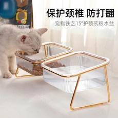 寵物碗架 寵物可陞降餐桌 寵物防打翻水飯糧食盆 雙碗護頸設計, 1個, 護頸鐵藝雙碗【防打翻高顏值】, 鐵藝