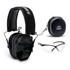Walker's Razor Slim Electronic Muff Multicam Camo Gray with Case and Shooting Glasses Bundle 3 Ite