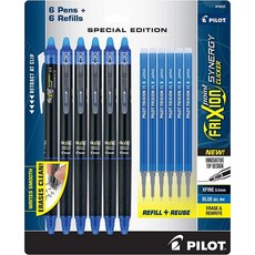 PILOT Frixion Synergy 클리커 지울 수 있는 펜 접이식 및 리필 가능 0.5mm 엑스트라 파인 포인트 블랙 잉크 펜 6팩 + 리필 6개, 블루