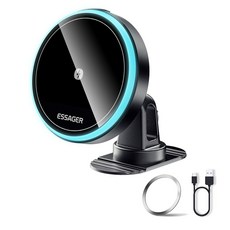 Essager 마그네틱 차량용 충전기 LED 라이트 맥세이프 15w 고속 무선충전+송풍구형 거치대, 흡착형