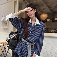 투니스 여성 스트라이프 스플라이싱 루즈핏 긴소매 셔츠