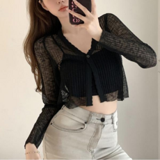 바캉스룩 커플시밀러룩 여자 시스루 여리 얇은 크롭 소재 스타일