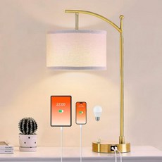 거실 침실용 탁상 램프 23.5인치 USB C+A 포트가 있는 협탁용 침대 옆 린넨 갓 조광 가능 LED 전구 포함, Gold 1pcs