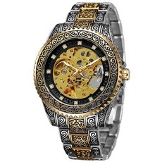 FORSINING 남성용 스켈레톤 각인 시계 오토매틱 시계 방수 셀프 와인딩 손목 02-골드 실버 밴드 골드 블랙 페이스 기계식 137631