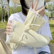 蕾絲袖套 防曬 透氣 蝴蝶結裝飾 手袖 護臂 開車 戶外 夏季 純色 百搭+黃色+均碼, 1個, 均碼