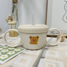 Baby童衣 韓系INS風寶寶輔食碗，雙耳吸管設計，防撒防漏零食杯，多功能學習碗, 1個, 小熊防漏零食碗