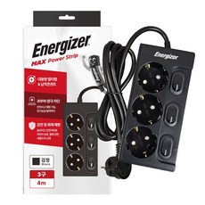 에너자이저 개별스위치 멀티탭 고용량 3구 납작플러그 과부하차단 16A, 1개, 블랙(개별스위치 3구), 4m