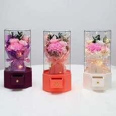 母親節 永生花康乃馨音樂盒花束擺件, 如圖所示 3朵紅色康乃馨混搭首飾音樂盒花束