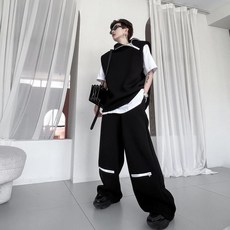 時尚運動套裝男，寬鬆拉鏈設計感背心長褲休閒兩件套，潮流日式褲子套裝，夏季韓國高級感