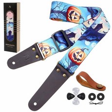 Nefelibata 기타 스트랩 베이스 일렉트릭 및 어쿠스틱 기타용 헤드 소가죽 엔드가 있는 자수 면 기타 스트랩 무료 스트랩 버튼 스트랩 잠금 장치 1쌍 및 기타 피크, 호박