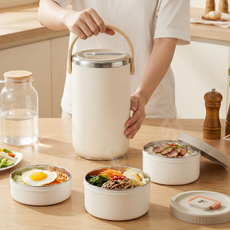 마술사 대용량 스텐 보온도시락 분리형 전자레인지 도시락, 1세트, 2600ML 3단 베이지