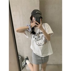 여름 심플하고 귀여운 캐릭터 프린트 루즈핏 캐주얼 반소매 티셔츠 여성용 상의