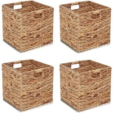 27.9 x 27.9cm(11 x 11인치) 보관 바구니 4개 세트 부레옥잠 바구니 4개 세트 접이식 손으로 짠 보관 큐브 욕실 침실 세탁실 식료품 저장실 선반용