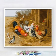 【TangZhen】유화그리기 유화그리기세트 채색 붉은 불 수탉diy 디지털 오일채화 십이지신 닭 동물 수제 충전 손그림 유화, 40x50cm 안감+물감+붓, 1032, 1개