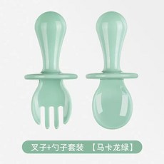 寶寶餐具B4H 兒童學習餐具 嬰幼兒安全叉勺 防嗆短柄訓練湯匙, 叉+勺【袋裝】馬卡龍綠, 1個