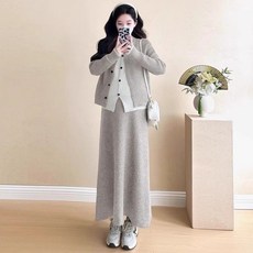 봄 가을 임산부 세트 캐주얼 패션 임부복 루즈핏 도트 니트 + 긴팔 가디건 + 니트 롱 원피스 3피스 세트 기질 임부옷 WXY