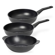 interCOOK 經典鑽石塗層不沾鍋具3件組, 炒鍋 28cm+炒鍋 28cm+雙耳炒鍋 28cm, 1組, 黑色